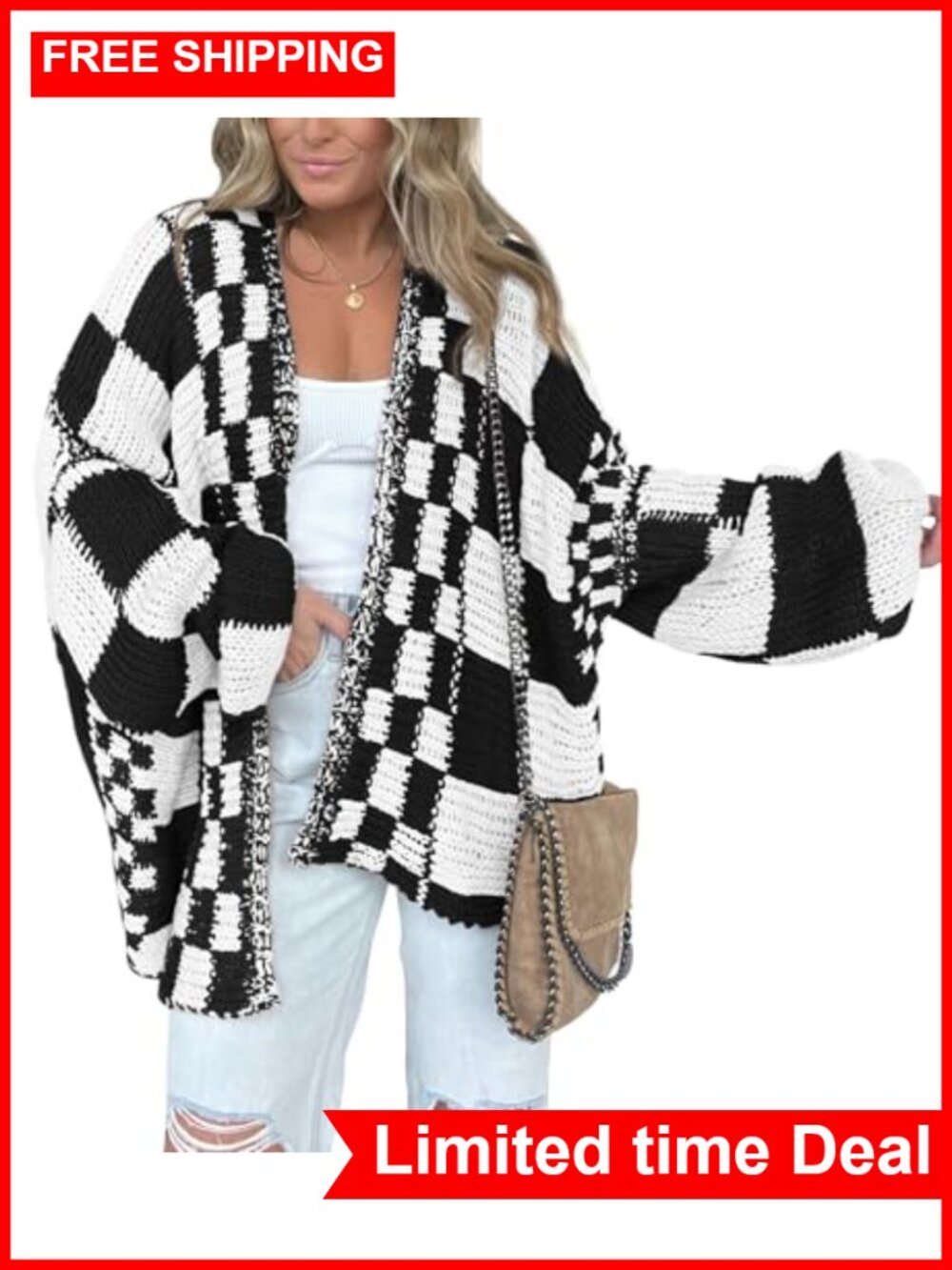Women's Chunky Knit Cardigan Sweater Open Front Long Sleeve Checkered Fall